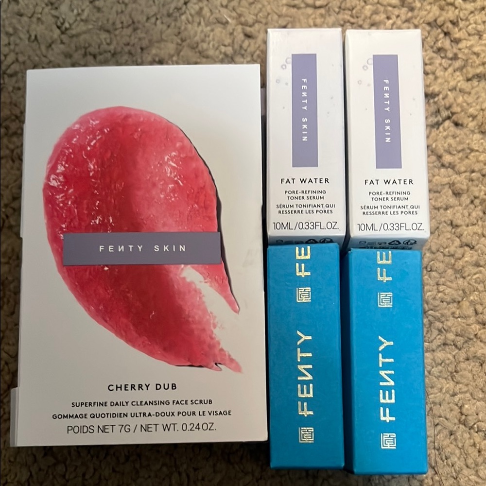 Fenty Beauty Cherry Dub Face Scrub, Fat Water Toner, and Fenty Eau de parfum
